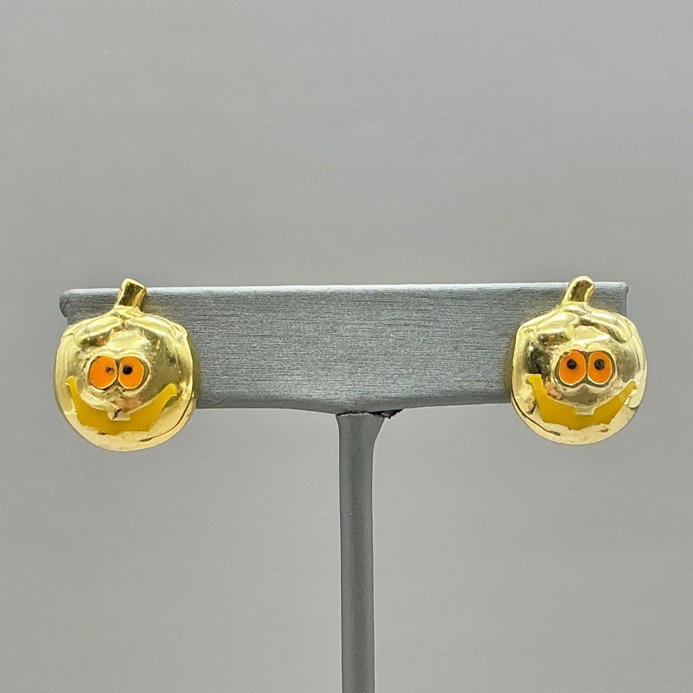 Earrings Women Gold Tone Halloween Jack O Lantern Pumpkin Enamel‎ Clip On 0.75"